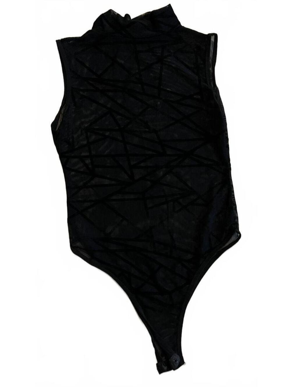 Black Sleeveless Mesh Bodysuit with Geometric Pattern - Size Small